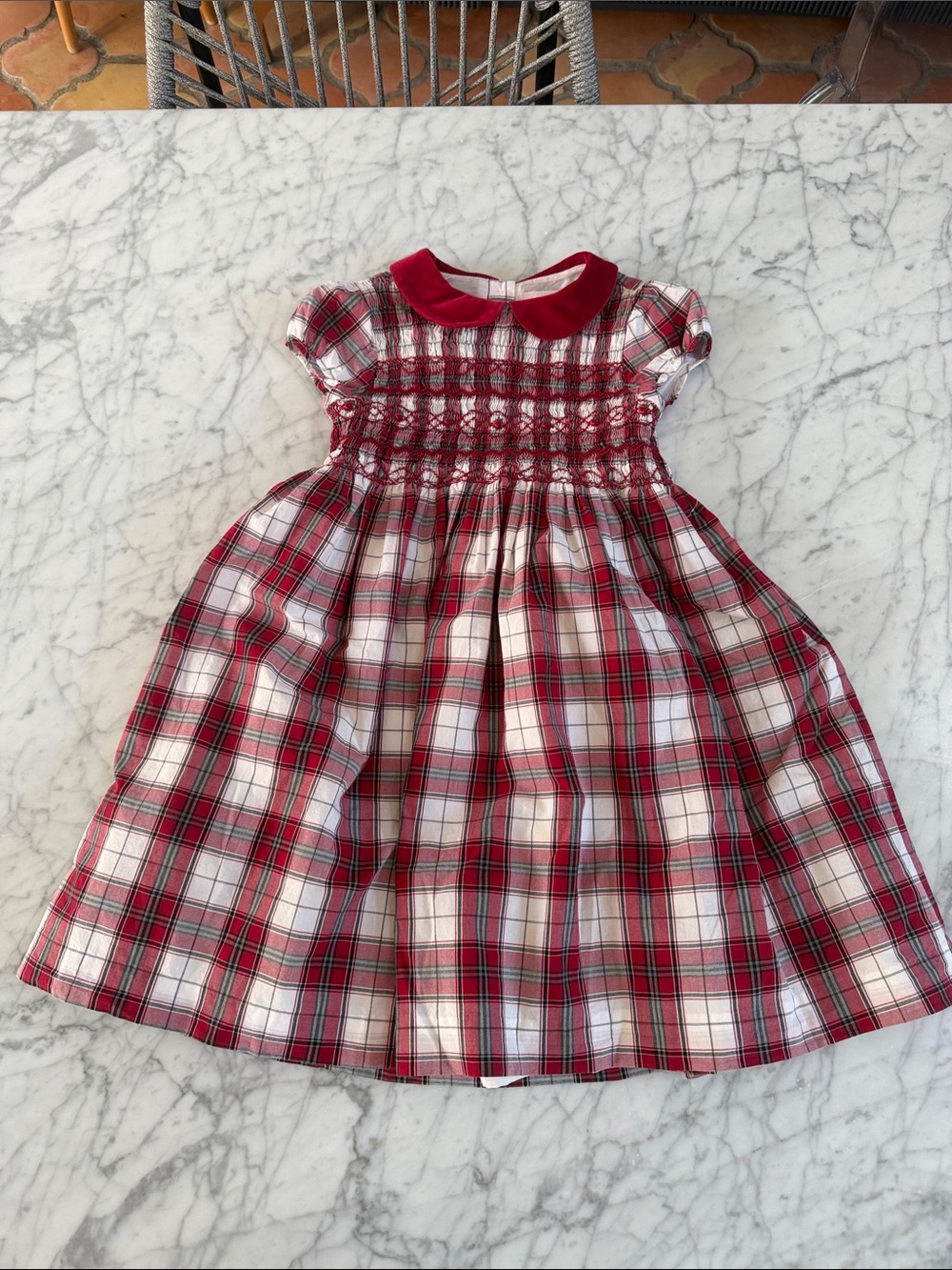 Janie and Jack Hand-smocked Holiday Plaid Dress Sz 7 Velour Peter Pan Collar